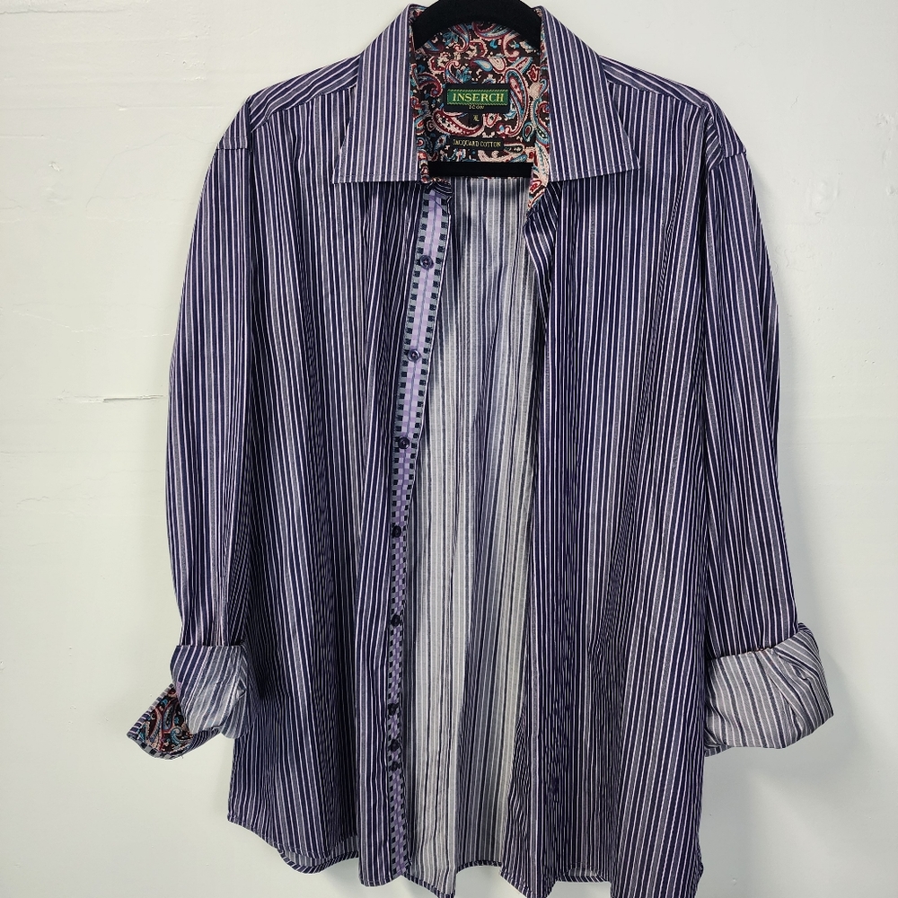 Inserch Icon Men's XL Blue Striped L/S Button Up Jacquard Cotton Shirt Flip Cuff